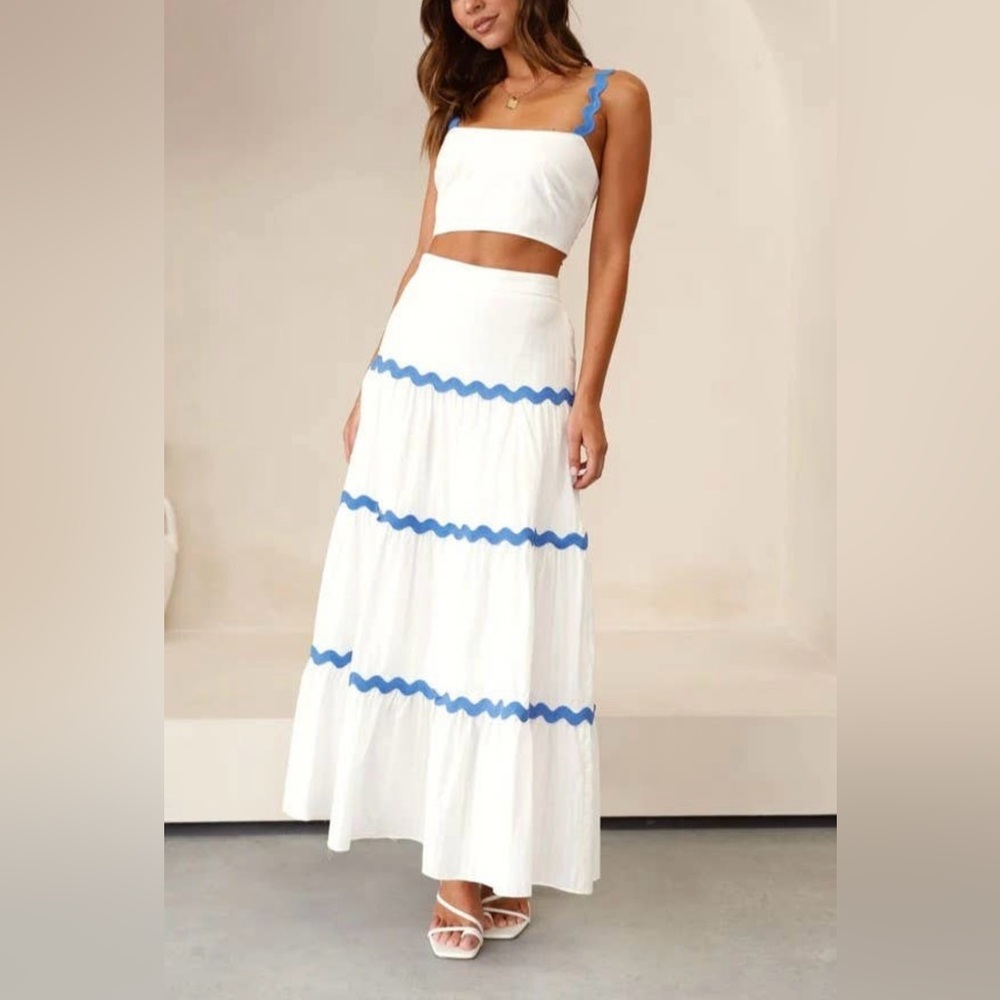 NWT Boutique Arya White & Blue Vacation Maxi Skirt Set - Picture 3 of 5